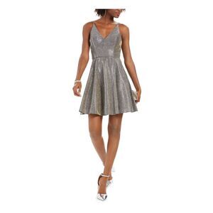 XSCAPE Womens Silver Glitter Zippered Spaghetti Strap V Neck Mini Party Dress 12